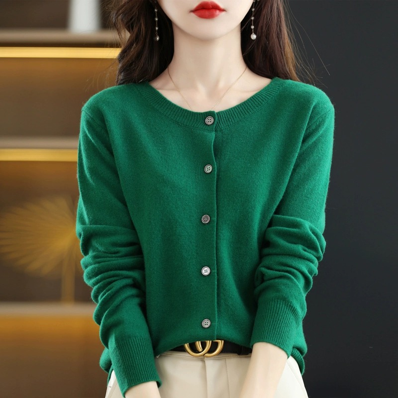 春秋外搭针织开衫女圆领外套毛衣