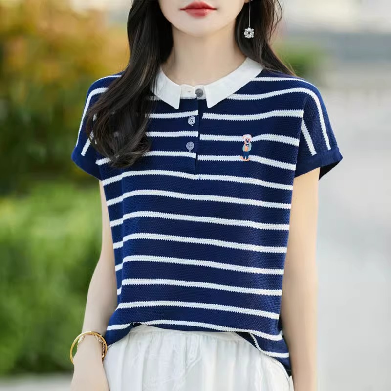 25夏季新款小POLO领条纹刺绣针织短袖T恤女宽松减龄凉感天丝上衣