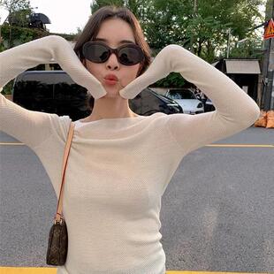 早秋扬子纱人字纹精细羊毛针织衫女修身超薄内搭打底衫短款上衣