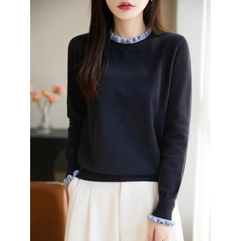 超好看爆款秋冬木耳边圆领毛衣女花边领休闲打底衫针织衫内搭上衣,女装/女士精品,毛针织衫,淘宝优惠券,粉丝福利购,淘宝优惠卷