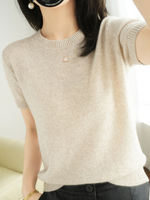 Spring and Autumn round-neck short-sleeved women's cashmere sweater, loose short base layer, half-sleeved knitted sweater, thin mid-sleeved cashmere sweater thumbnail 5