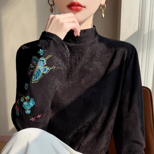 加绒长袖t恤女新中式风立领刺绣长袖衬衫国风女装上衣针织打底衫