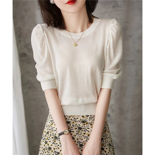 针织衫 女夏季 半袖 气质泡泡袖 T恤 宽松短款 冰丝五分袖 短袖 法式 薄款