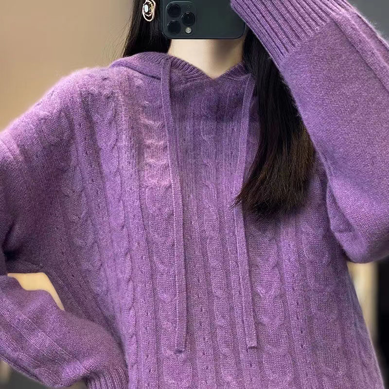 2024秋冬新款羊绒衫女纽花纯色连帽卫衣宽松显瘦羊毛针织打底衫,女装/女士精品,毛针织衫,淘宝优惠券,粉丝福利购,淘宝优惠卷
