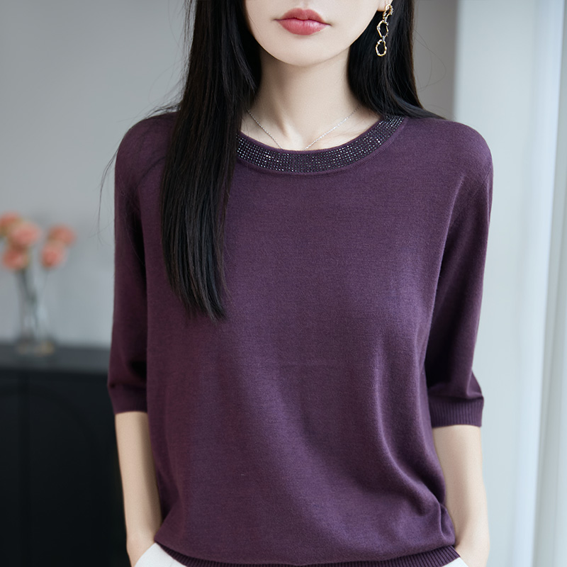 圆领精纺烫钻短袖针织衫T恤上衣
