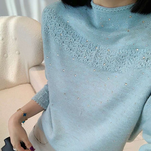 高级感亮片针织衫女半高领蓝色毛衣宽松内搭上衣