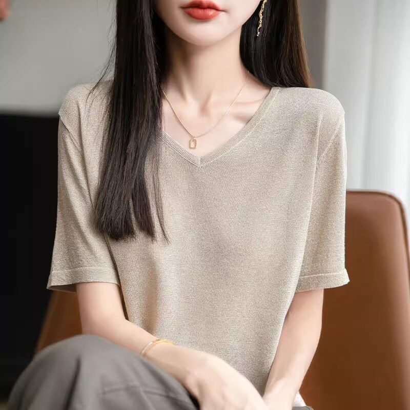 正肩薄款宽松针织打底显瘦T恤图片