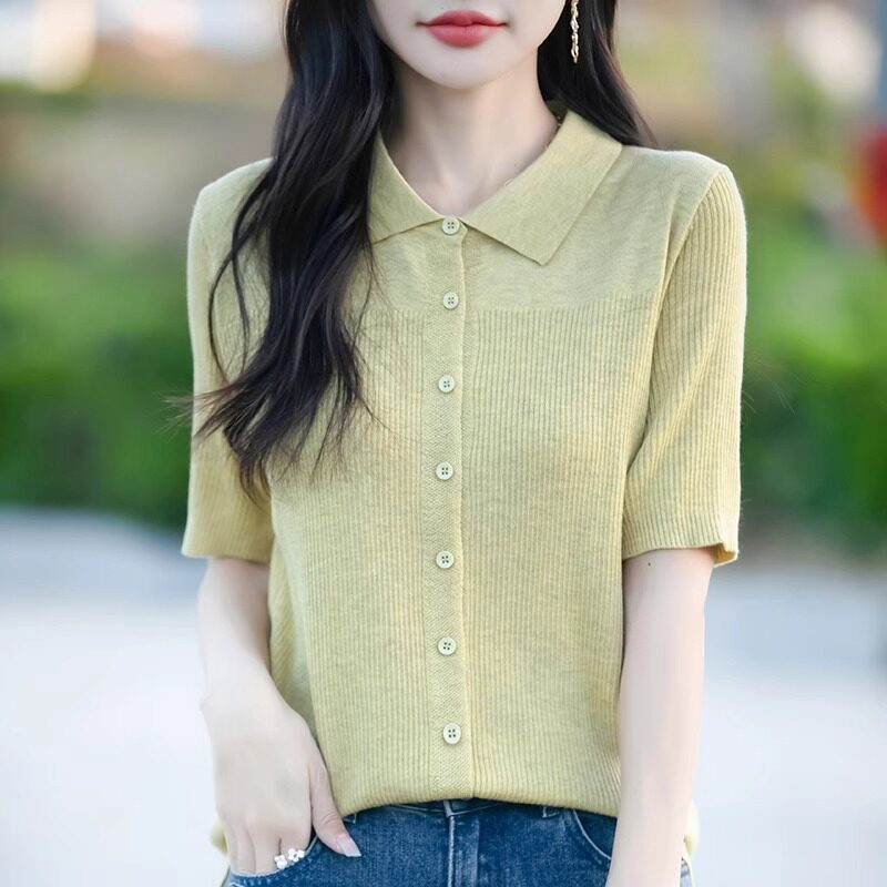 简约复古翻领针织短袖衬衫上衣polo领开衫打底衫时尚半袖翻领小衫