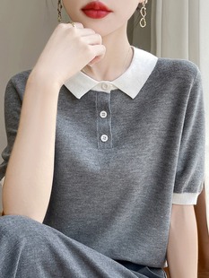 内搭打底针织衫 又美又飒 2024年新款 拼色POLO领短袖 上衣 t恤女夏季
