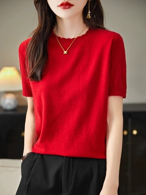 秋冬花边圆领克莱因蓝针织衫