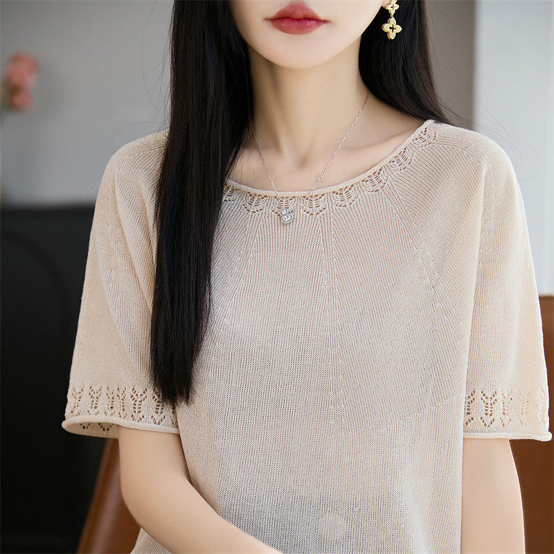 卷边圆领珍珠麻针织短袖T恤女夏季薄款镂空背心上衣宽松半袖打底