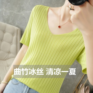 冰丝T恤女V领套头短袖 坑条宽松短款 纯色打底针织冰麻上衣夏季 薄款