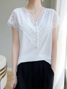 2025夏季新款V领蕾丝衫女宽松短袖冰丝显瘦雪纺上衣白色黑色小衫