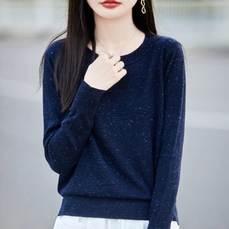 秋冬新款圆领毛衣女宽松显瘦内搭云片沙彩点针织打底衫长袖针织衫