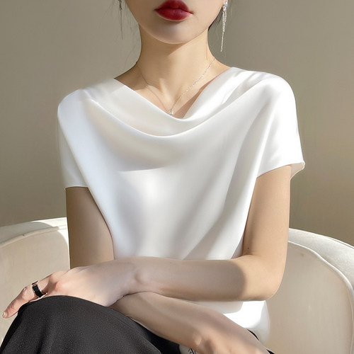 荡领真丝短袖女桑蚕丝短袖上衣