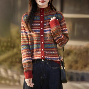 费尔岛提花针织开衫女2025秋冬新洋气加厚保暖打底衫法式毛衣外套