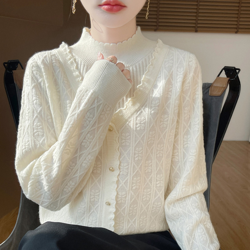 2024秋冬新款假两件半高领气质针织衫女超洋气提花加厚木耳边毛衣