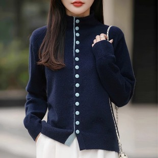 韩系复古半高领彩扣撞色针织开衫女洋气保暖毛衣厚可外穿打底毛衫