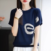 藏蓝色时尚 圆领显瘦冰丝正肩半袖 印花港风提花短袖 t恤上衣新款