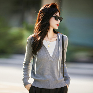 简约撞色连帽针织衫女2025秋季新款上衣假两件带帽毛衣外套打底衫
