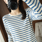 女纯棉线长袖 圆领条纹卷边针织衫 t恤宽松打底 新款 100%纯棉秋冬季