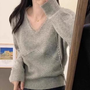 秋冬V领蕾丝花边羊毛衫女宽松显瘦针织打底衫毛衣内搭上衣时尚潮