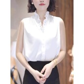 设计感洋气减龄木耳边v领无袖 法式 胖MM夏季 女士大码 上衣 白色衬衫