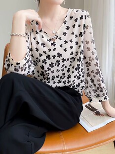 碎花真丝衬衫女士七分袖衬衣夏季新款减龄漂亮小衫杭州桑蚕丝上衣