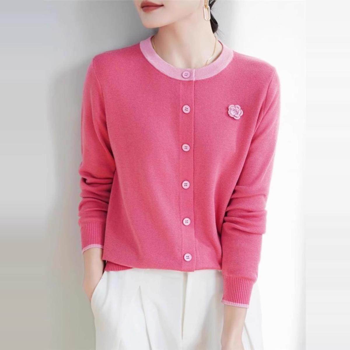 2025春季小香风拼色单排扣针织开衫女长袖外搭精纺羊毛上衣毛衫新,女装/女士精品,毛针织衫,淘宝优惠券,粉丝福利购,淘宝优惠卷