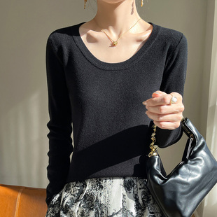 内搭黑色针织衫 女修身 U领大领口漏锁骨低领毛衣 秋冬打底衫 时尚