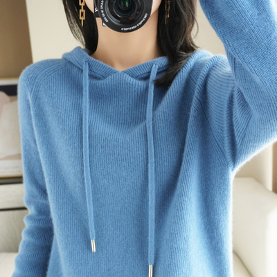 2025秋冬新款羊绒连帽针织衫女卫衣宽松带帽打底衫加厚百搭毛衣