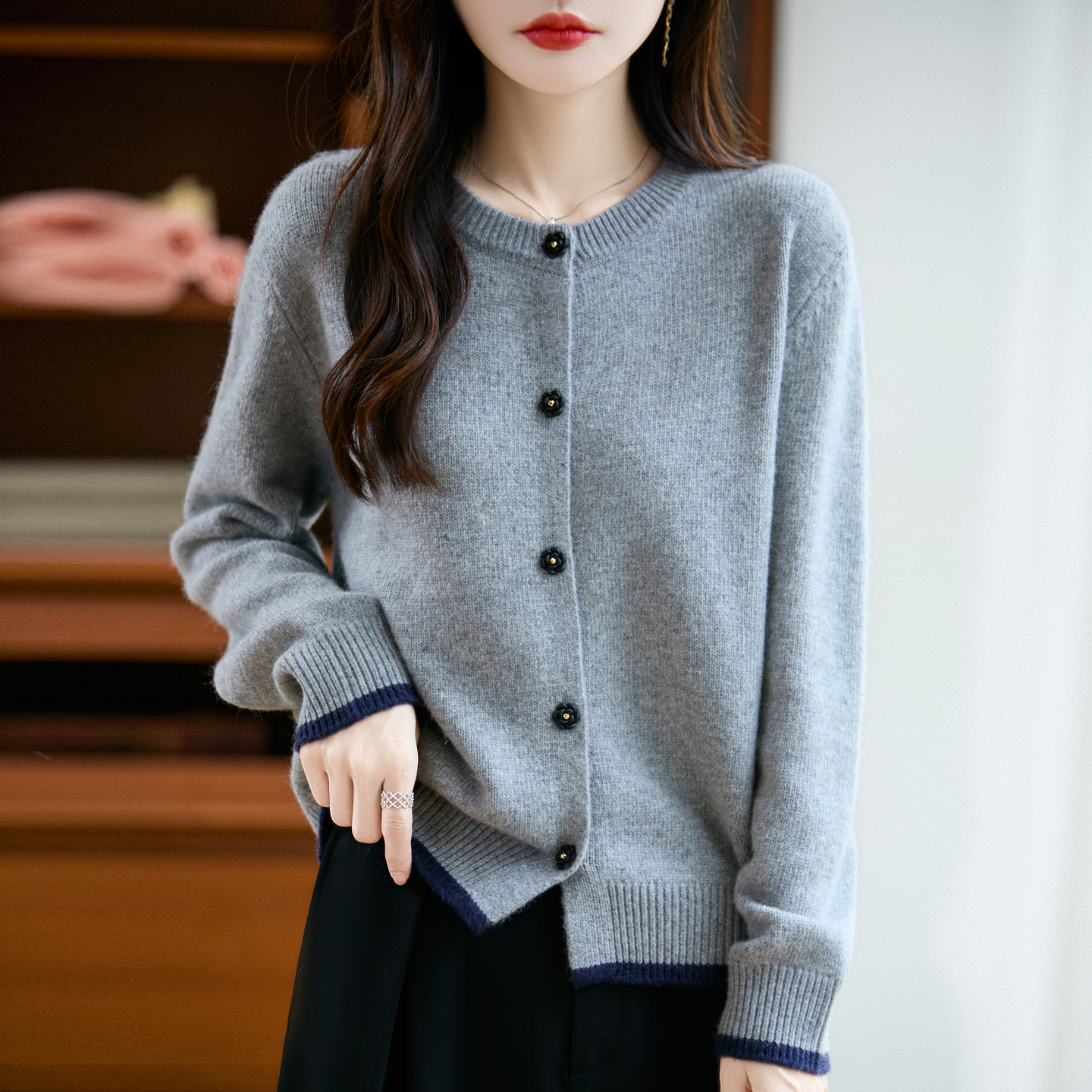 灰色开衫女宽松毛衣外套针织上衣