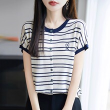 100%天丝爱心刺绣针织短袖开衫女圆领条纹T恤小衫休闲百搭上衣薄