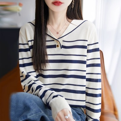 针织衫女宽松长袖翻领T恤衫毛衣