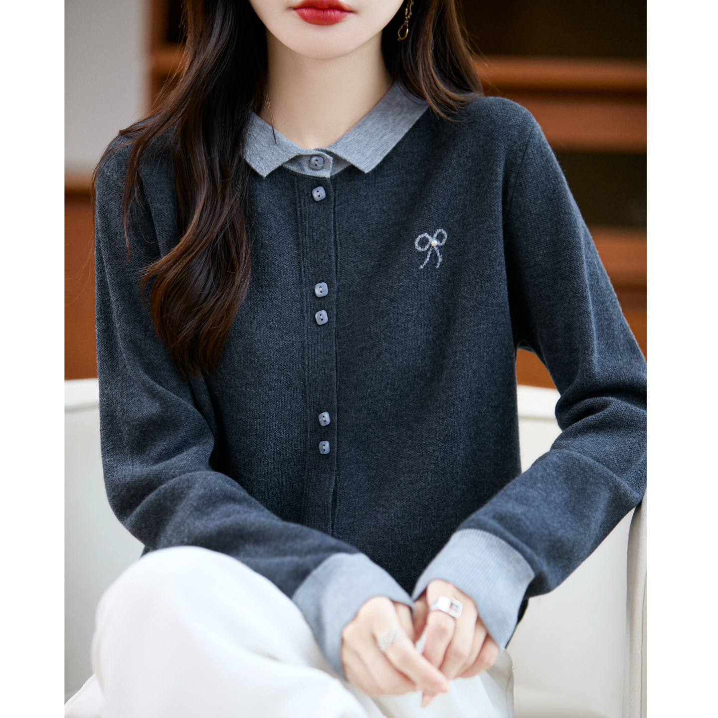 春秋翻领叠穿内搭打底衫小外套