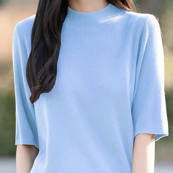 针织T恤女宽松显瘦五分袖打底