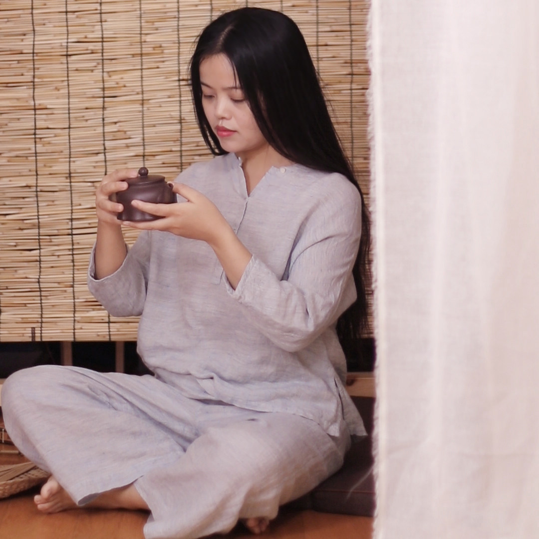 俗见原创设计文艺宽松简洁色织亚麻t恤改良汉服打坐禅意茶服 千回