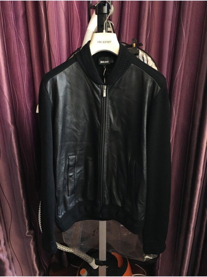 JUST CAVALLI 男士 黑色 羊毛羊皮拼接修身夹克 专柜正品 现货