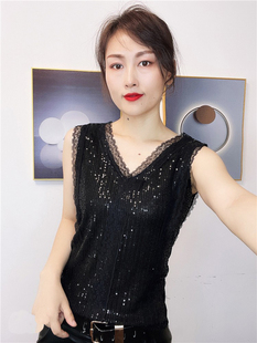v领蕾丝边修身显瘦亮片无袖纯色套头黑色吊带夏季新款外穿打底衫