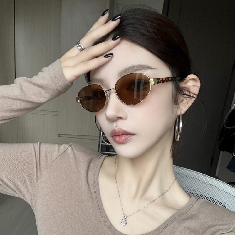 复古老钱风椭圆形金边茶色豹纹腿Y2K墨镜女方圆脸显瘦欧美太阳镜
