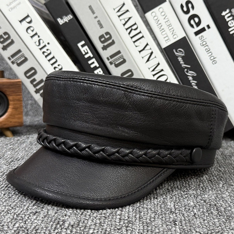 新款真皮帽子山羊皮韩版中青年男女春秋冬户外机车鸭舌平顶海军帽