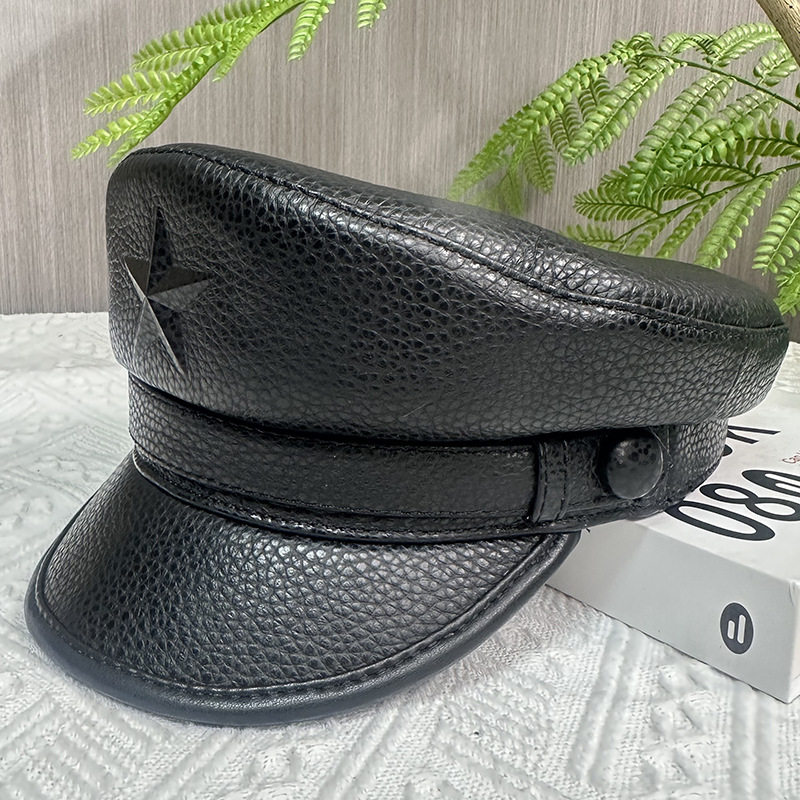 高档真皮帽子男士牛皮韩版中青年春秋冬户外机车鸭舌帽平顶海军帽