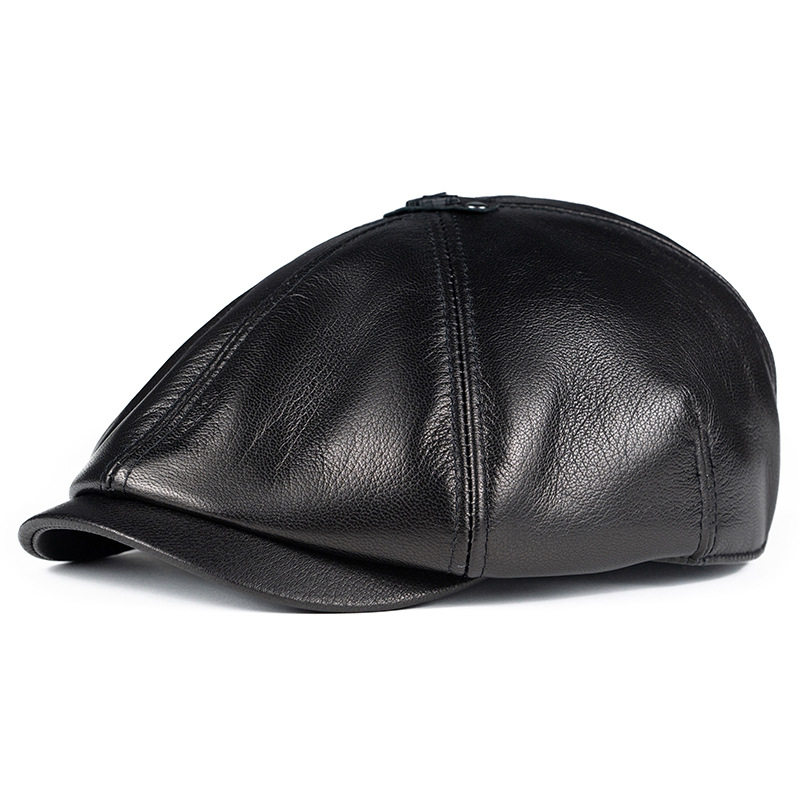 秋冬山羊皮帽子男真皮中老年人鸭舌帽休闲贝雷帽薄款护耳八角前进