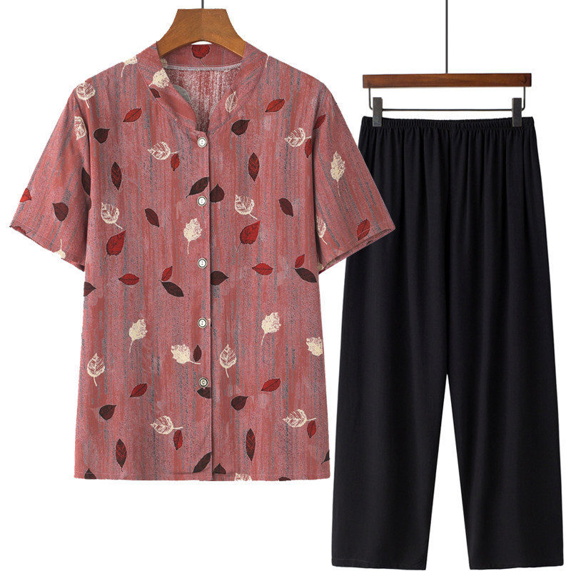 妈妈装短袖衬衣老年人女棉绸衬衫九分裤太太奶奶夏季衣服两件套装