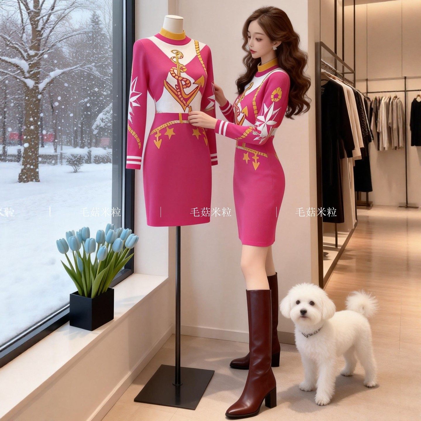 冬天配大衣的裙子女秋冬半高领撞色修身显瘦中长款内搭打底毛衣裙