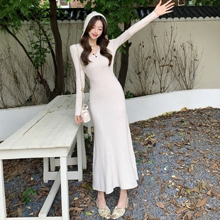 时髦长款 显瘦打底毛衣裙子 针织连衣裙女秋冬连帽休闲简约百搭修身