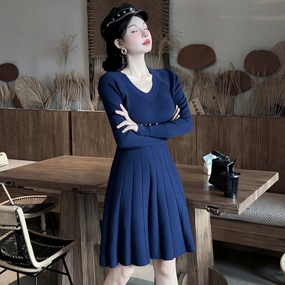 小个子A字遮肚针织连衣裙