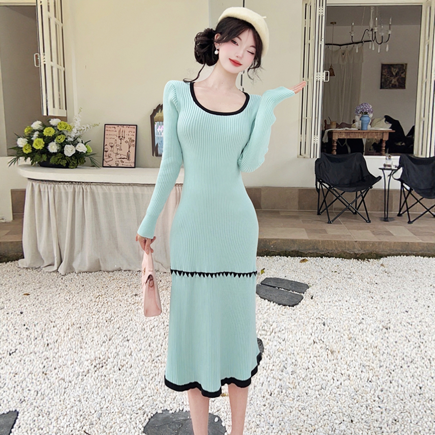 法式绝美超好看的方领针织连衣裙