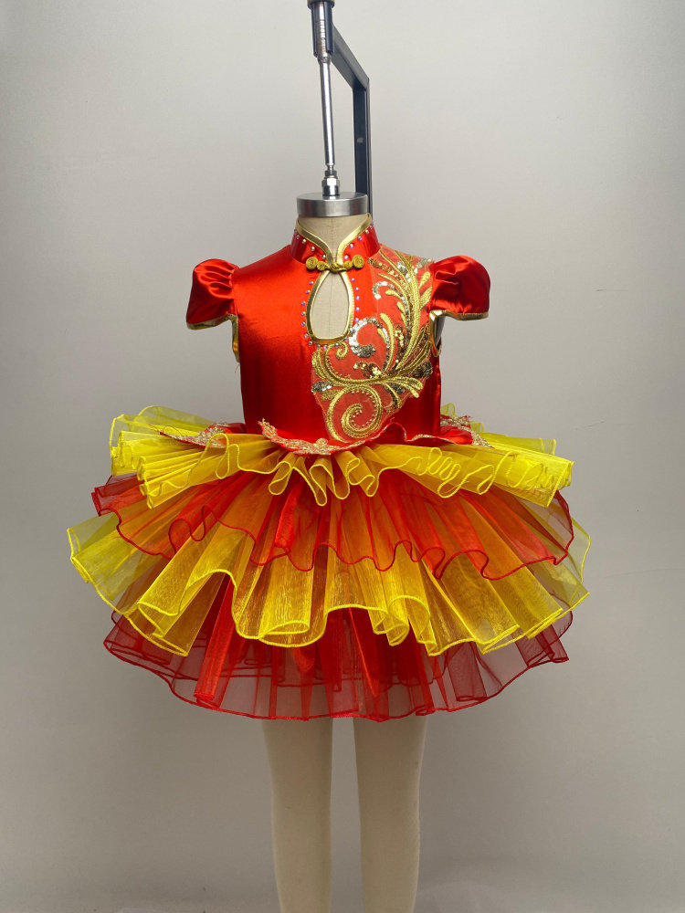 儿童中国风舞蹈喜庆过年蓬纱裙中国芭比改版款舞蹈表演服