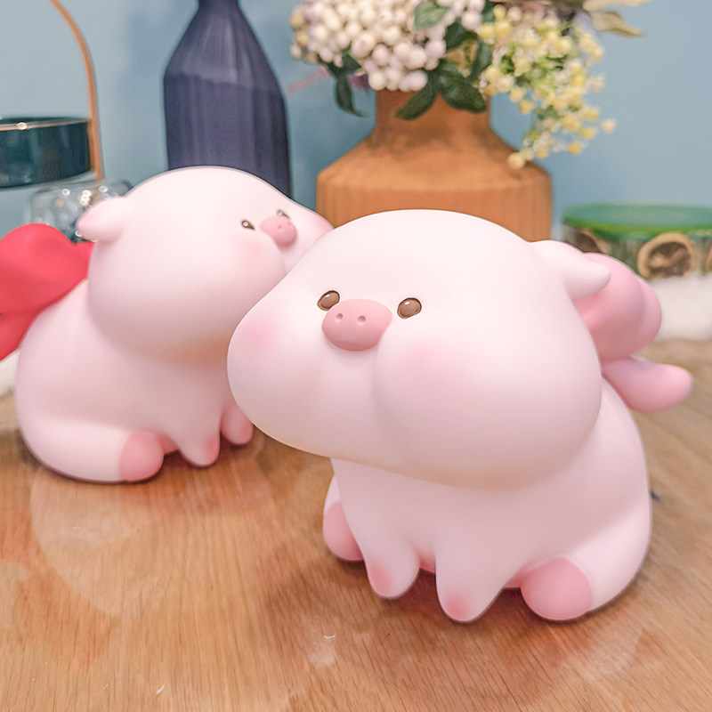 防摔耐用可爱蝴蝶结小猪存钱罐儿童摆件搪胶可存可取储蓄罐礼物
